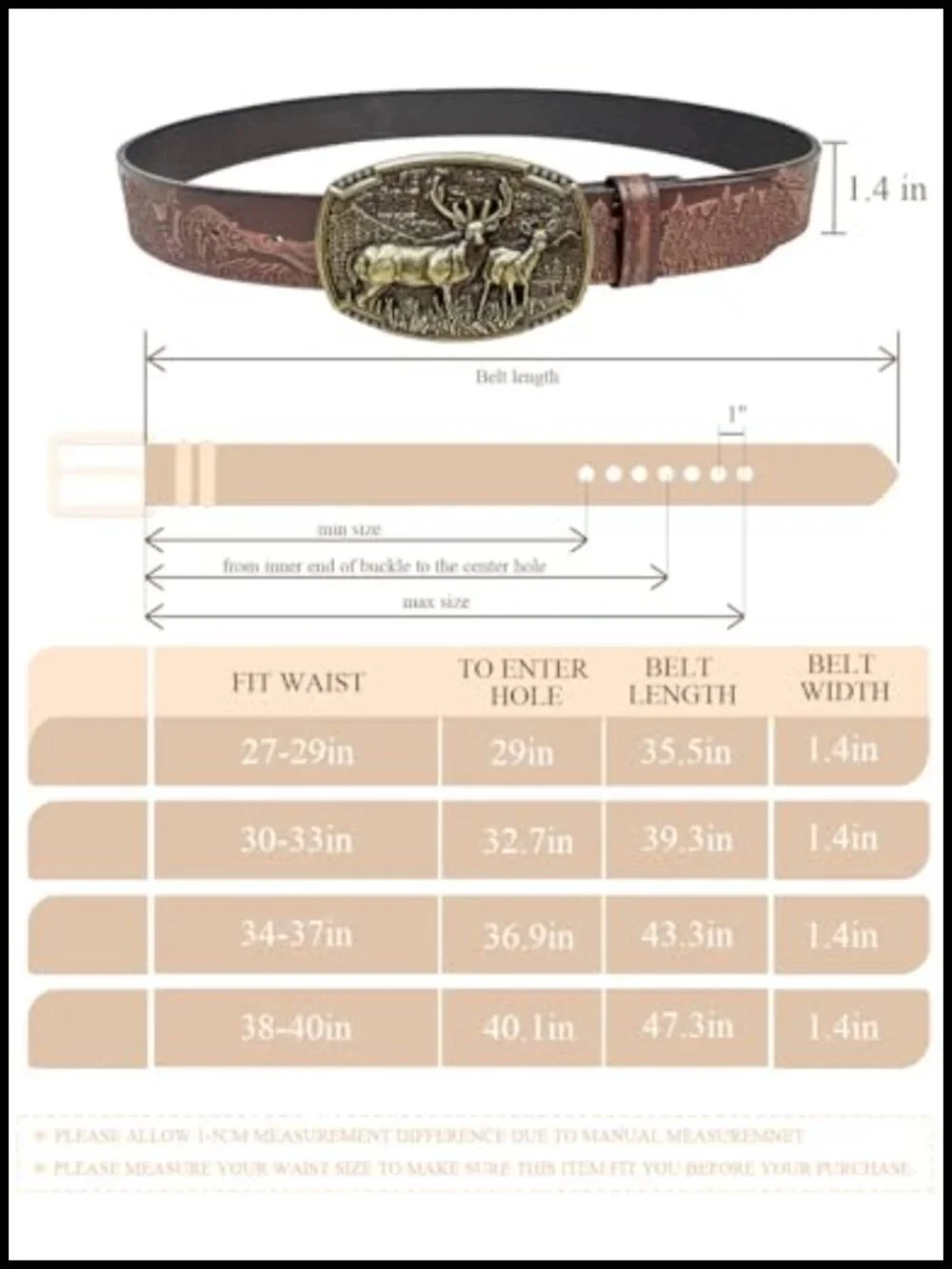 Western Belt for Men Women Cowboy Cowgirl Leather Belt with Deer Buckle for